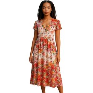 Christy Dawn RARE Watercolor Floral Short Sleeve Midi Dress Women’s Medium
